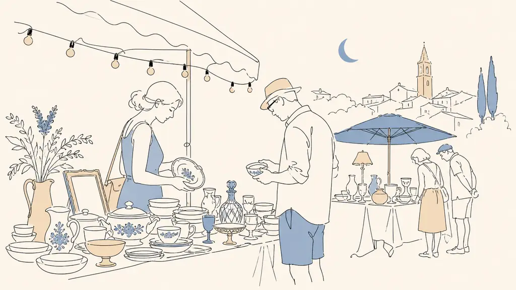 Nighttime garage sale in Vic-Fezensac, shoppers examining vintage tableware at illuminated stalls, warm late-summer atmosphere, editorial photography, no text or logos