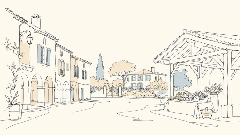 editorial photo of a small Gers village square with stone houses and arcades, a weekly market stall under a covered hall, and a detached house garden visible in the background, warm natural light, no text, no logo
