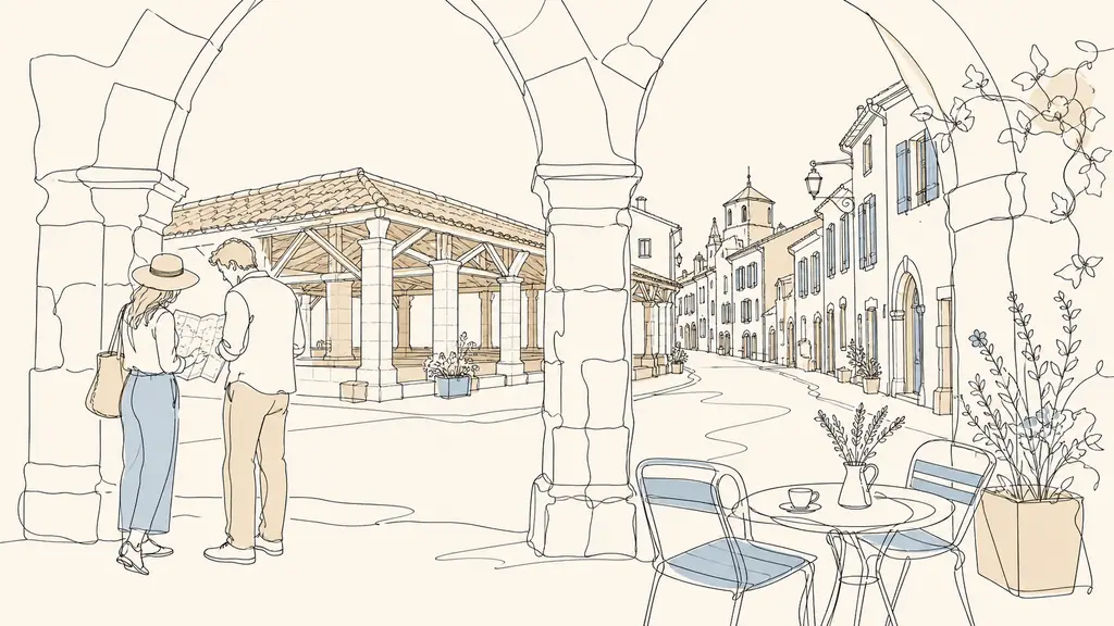 editorial photograph of a bastide square in Lomagne with stone arcades, a covered market hall, a couple studying a paper map near a café terrace, and a narrow street leading to old shuttered houses, warm natural light, no text, no logo