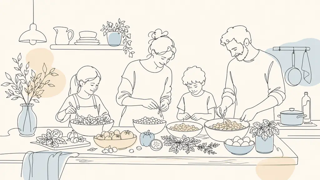 editorial photo of a quick vegetarian weeknight dinner being assembled in a cozy home kitchen, bowls of chickpeas, pasta, eggs, fresh vegetables and herbs on a wooden counter, warm natural light, realistic family cooking scene, no text, no logo