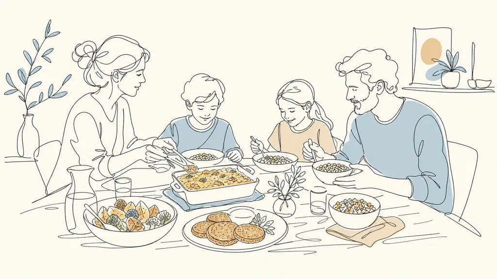 editorial photo of a cozy family weeknight vegetarian dinner, baked pasta gratin, veggie patties, grain bowls and roasted vegetables served on a wooden table, warm home lighting, realistic shared meal scene, no text, no logo