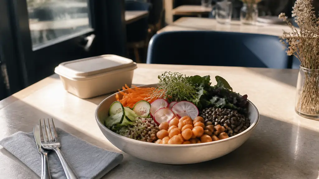 Editorial photograph of a freshly assembled buddha bowl with seasonal raw vegetables, legumes and grains on a restaurant lunch table, a takeaway container beside it, natural daylight, no text, no logo