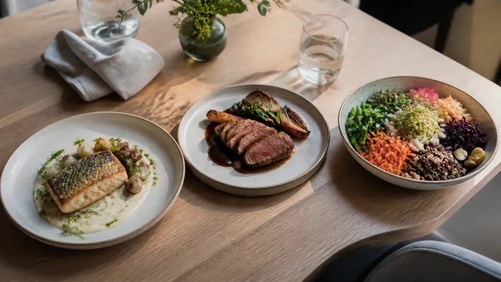 Editorial photograph of three lunch options side by side, a fish plate, a meat plate and a vegetarian buddha bowl with seasonal raw vegetables and legumes, natural restaurant lighting, no text, no logo