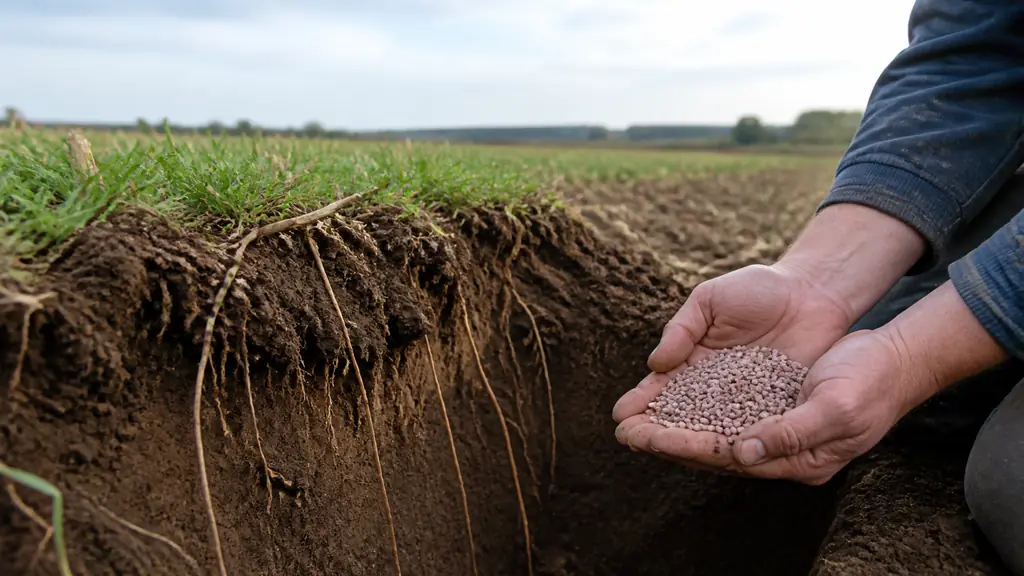 Editorial photograph of exposed wheat roots in dark agricultural soil, with a farmer holding a handful of phosphate fertilizer granules beside a freshly dug field