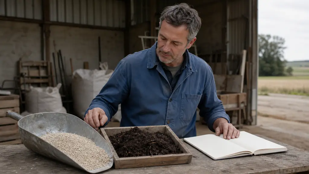 Editorial photograph inside a French farm shed showing phosphate fertilizer granules in a metal scoop, a dark biod waste compost sample in a wooden tray, and a farmer comparing both beside a field notebook, no visible text or logos