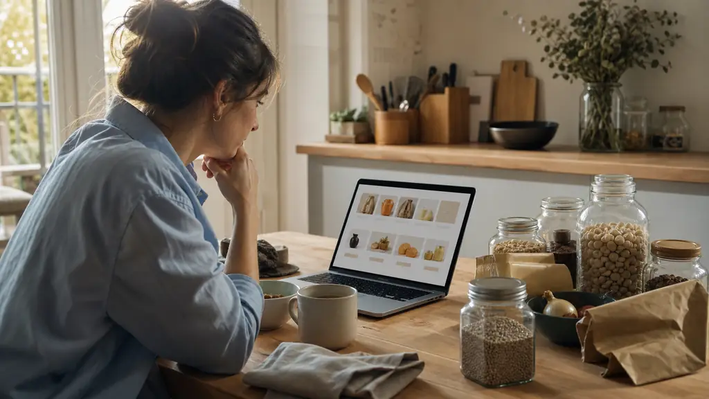 Shopper reviewing an online grocery basket on a laptop beside gourmet jars, organic pantry products and a small assortment selected from a sale shelf, warm natural kitchen light, editorial photography, no text, no logo