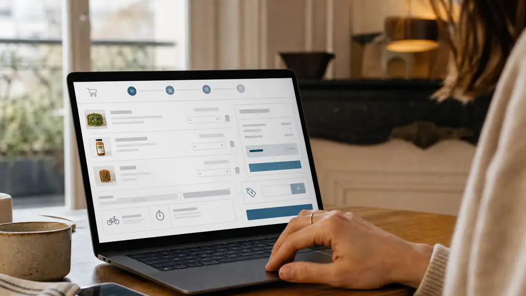 Close-up of a shopper entering a coupon in the “J’ai un code promo” field on a grocery basket page, with the order total and delivery options visible on a laptop, warm editorial photography, no text, no logo