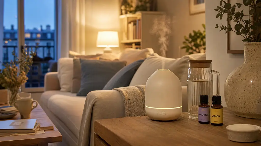 Editorial photo of a cozy French living room with a small ultrasonic diffuser on a wooden sideboard, a clear water reservoir beside it, and two essential oil bottles labeled lavender and lemon, soft evening light, no text, no logo