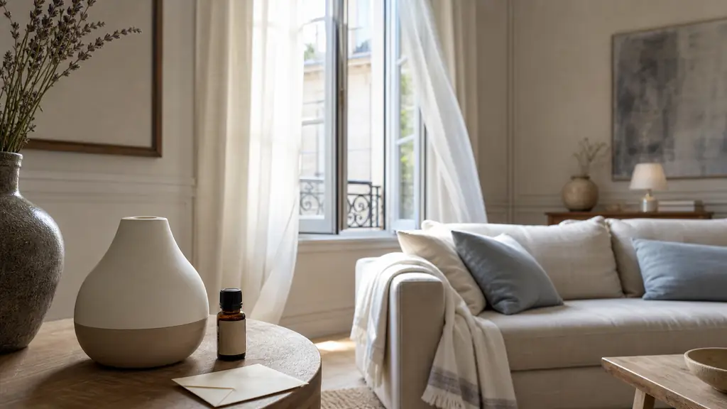 Editorial photo of a well-ventilated French living room with a window slightly open, a small essential oil diffuser switched off on a side table, one lavender oil bottle nearby, and a folded note listing short diffusion time and airing out, no text, no logo