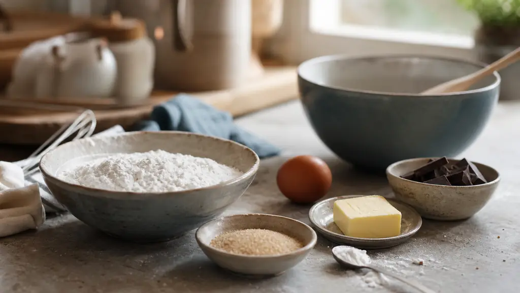 editorial close-up photo of gluten-free cookie ingredients on a rustic kitchen counter, rice flour in a bowl, butter, brown sugar, egg, dark chocolate chunks and baking powder, natural daylight, warm family cooking atmosphere, no text, no logo