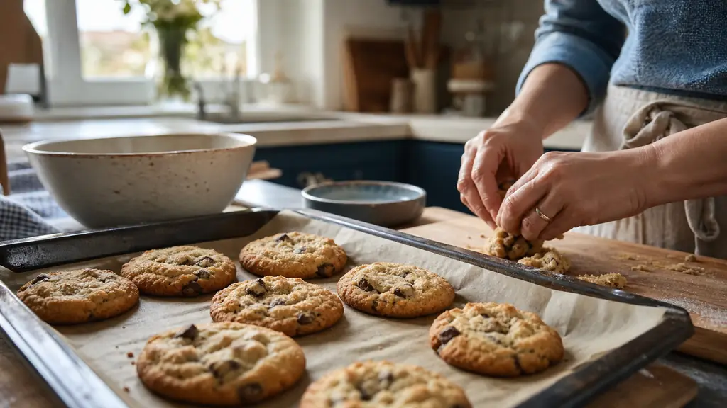 editorial close-up photo of freshly baked gluten-free cookies on a baking tray, golden crisp edges and soft centers, hands shaping cookie dough in a warm family kitchen, natural daylight, no text, no logo