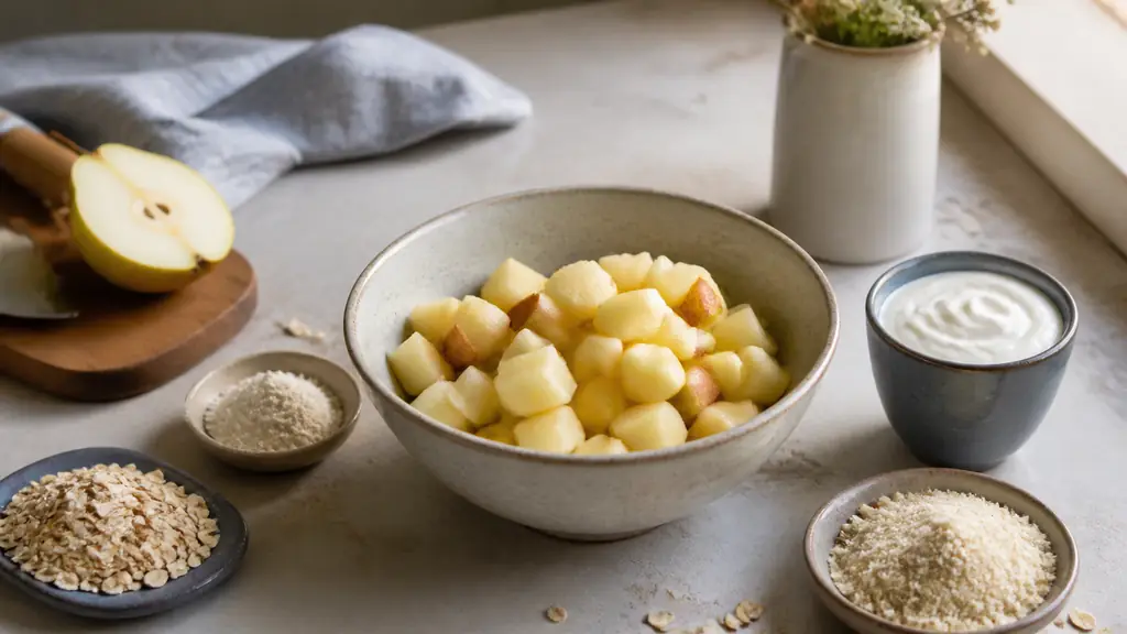 Editorial food photograph of a ceramic bowl filled with diced apples and pears, surrounded by plain yogurt, flour, rolled oats and ground almonds on a natural kitchen worktop, no text, no logo