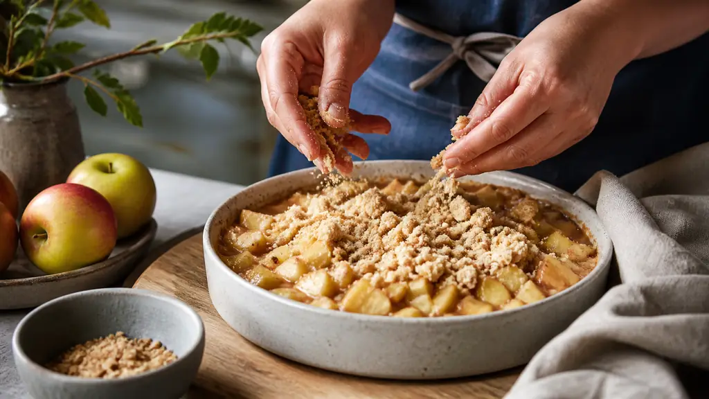 Editorial food photograph of hands sprinkling a sandy yogurt crumble mixture over evenly diced apples in a ceramic baking dish, with golden fruit juice bubbling at the edges, no text, no logo