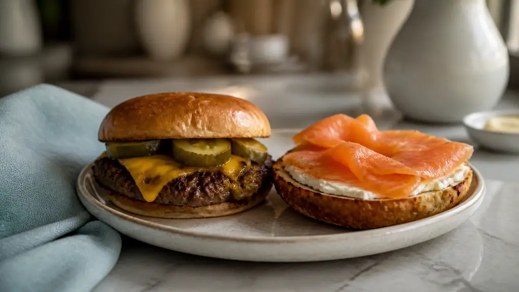 Editorial close-up photograph of a homemade smash burger with crisp browned edges, melted cheddar and pickles beside a toasted New York bagel with cream cheese and salmon, natural kitchen light, no text, no logo