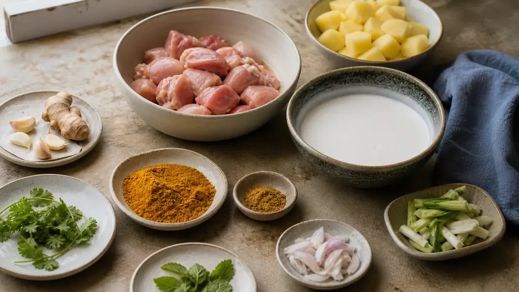 Overhead editorial photograph of yellow curry ingredients on a kitchen counter, featuring diced boneless chicken thighs, potatoes and an open bowl of coconut milk, natural light, no text, no logo
