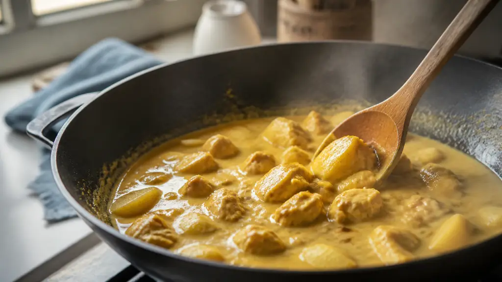 Editorial close-up photograph of yellow curry cooking in a wok, with a wooden spoon stirring coconut sauce around potato chunks and pieces of chicken, natural kitchen light, no text, no logo