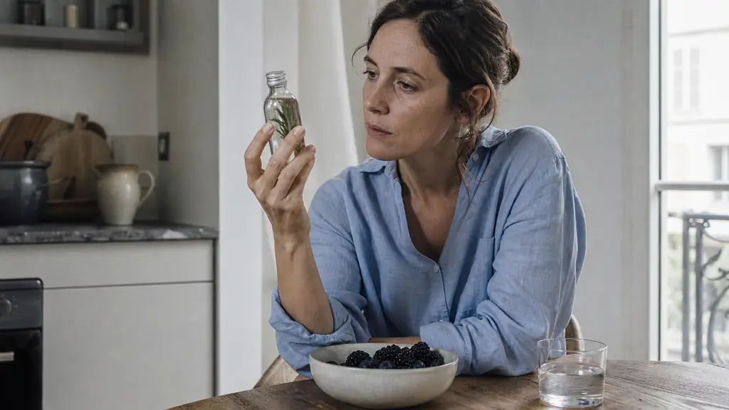 Editorial photograph of a woman at a kitchen table examining an unlabelled rosemary hydrosol bottle beside a bowl of dark berries and a glass of water, natural morning light, no text, no logo