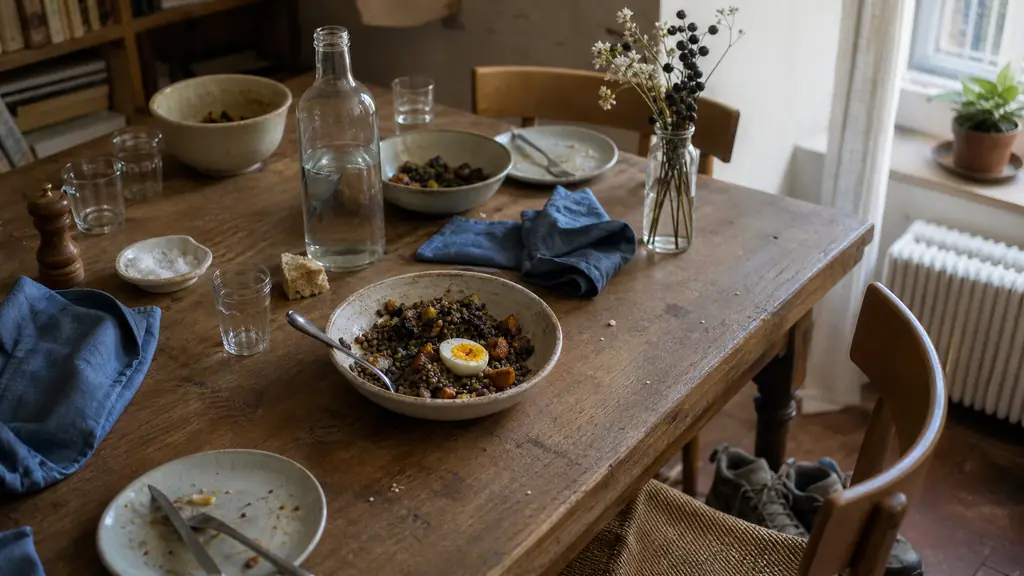 Editorial photograph of a family dinner table with a bowl of lentils, roasted vegetables and a halved boiled egg, a glass water bottle and walking shoes near the chair, natural evening light, no text, no logo
