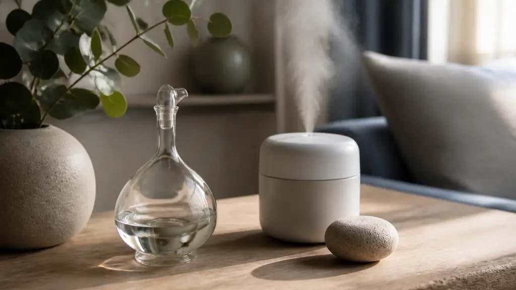 Editorial photograph of a glass nebulizer beside an ultrasonic diffuser with visible mist and a porous ceramic aroma stone on a wooden table, soft natural home lighting, no text, no logo