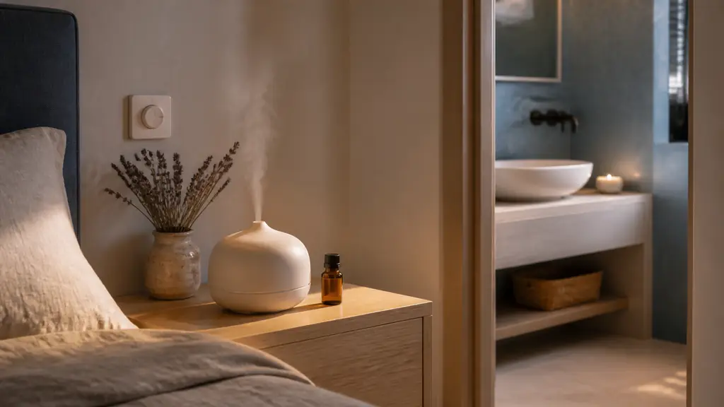 Editorial photograph of a quiet ultrasonic diffuser on a bedside table beside a bottle of lavender essential oil, with a small porous ceramic aroma stone visible in an adjoining bathroom, soft evening light, no text, no logo