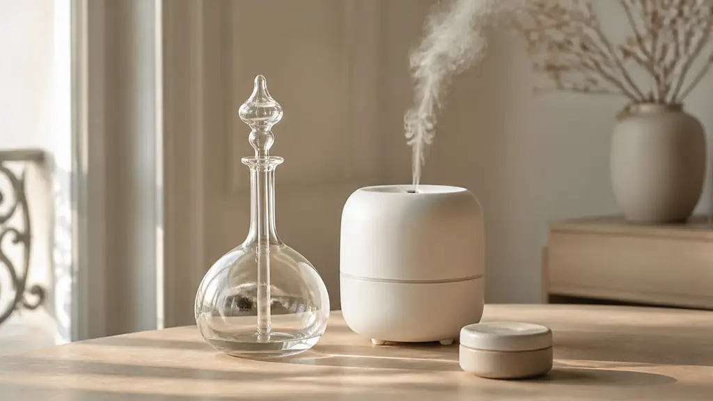 close-up editorial photograph of a glass nebulizer beside an ultrasonic mist diffuser and a ceramic aroma stone on a wooden table, soft natural home lighting, no text, no logo