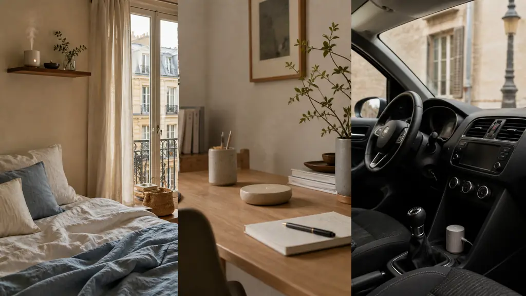 editorial photograph of a quiet bedroom with a small ultrasonic diffuser on a high shelf, a ceramic aroma stone on a home office desk, and a compact USB-C diffuser inside a parked car, soft natural light, no text, no logo