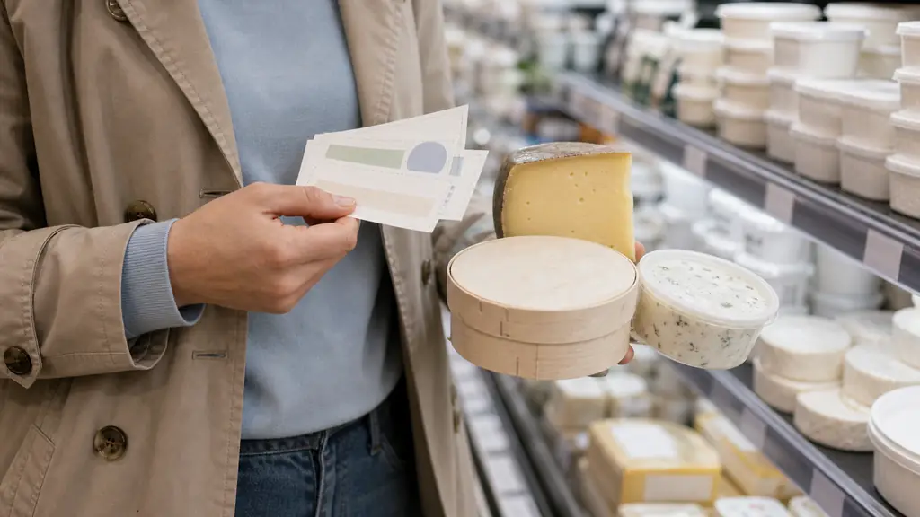 A shopper holding printed discount coupons beside a Dutch-style cheese wedge, a camembert box and a tub of herb cream cheese in a supermarket dairy aisle, editorial photography, no visible text or logos