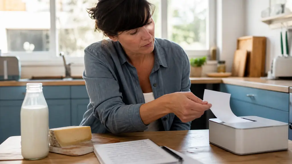 A woman collecting a freshly printed grocery coupon beside a shopping list, a bottle of milk and a wedge of cheese on a kitchen table, editorial photography, no visible text or logos