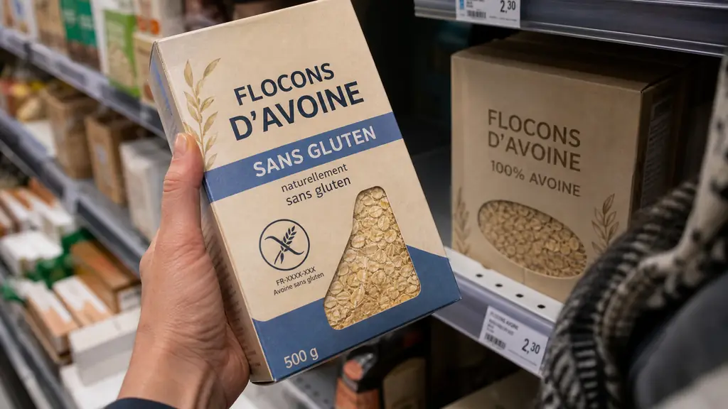 Editorial close-up photo of a shopper's hand holding an oat flakes package in a grocery aisle, clearly checking a visible 'gluten free' label and a crossed grain certification symbol, with another package nearby showing vague wording like '100% oats', natural supermarket lighting, no text overlay, no logo
