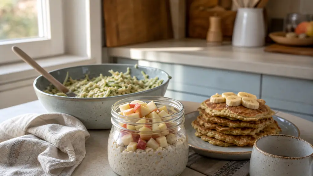 Editorial kitchen scene with a glass jar of overnight oats topped with diced apple, a small stack of banana oat pancakes on a plate, and a mixing bowl of grated zucchini galette batter with gluten free oat flakes visible, natural morning light, no text, no logo