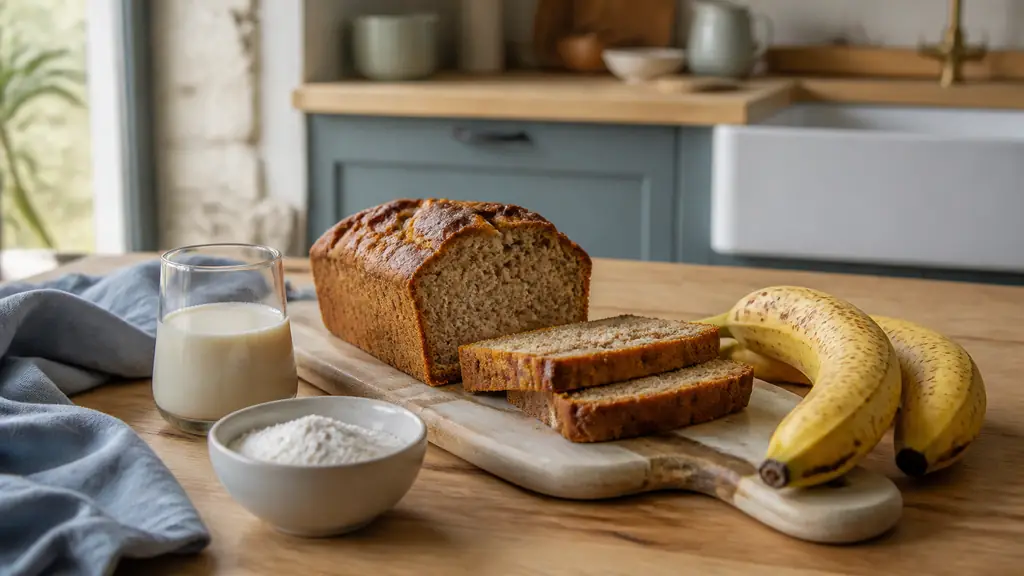 Editorial food photograph of a sliced banana bread beside two ripe bananas, a small bowl of rice flour and a glass of almond milk on a family kitchen table, natural daylight, no text, no logo