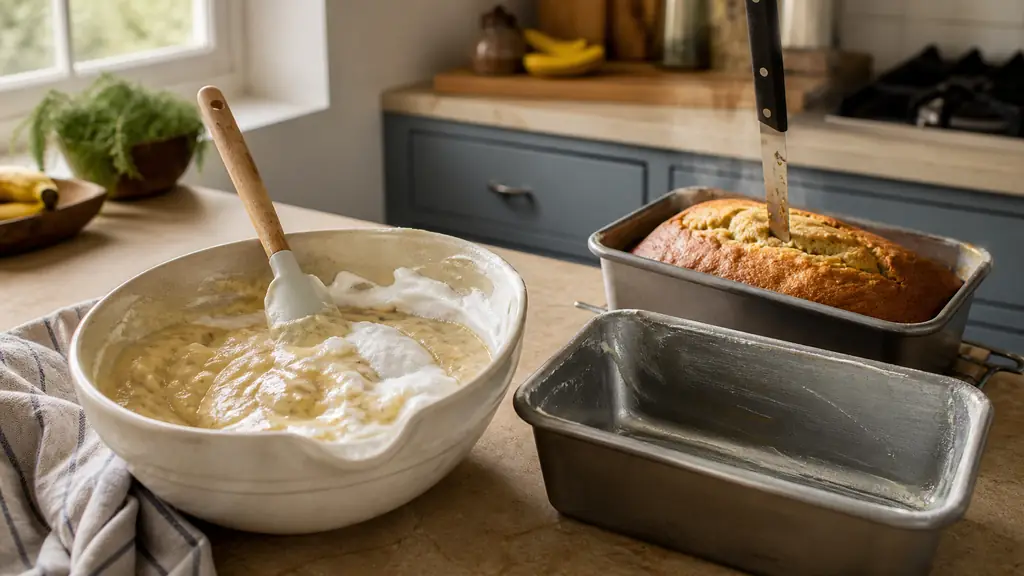 Editorial food photograph of banana batter being folded with whipped egg whites beside a standard loaf pan, with a knife checking the golden baked cake, natural family kitchen light, no text, no logo