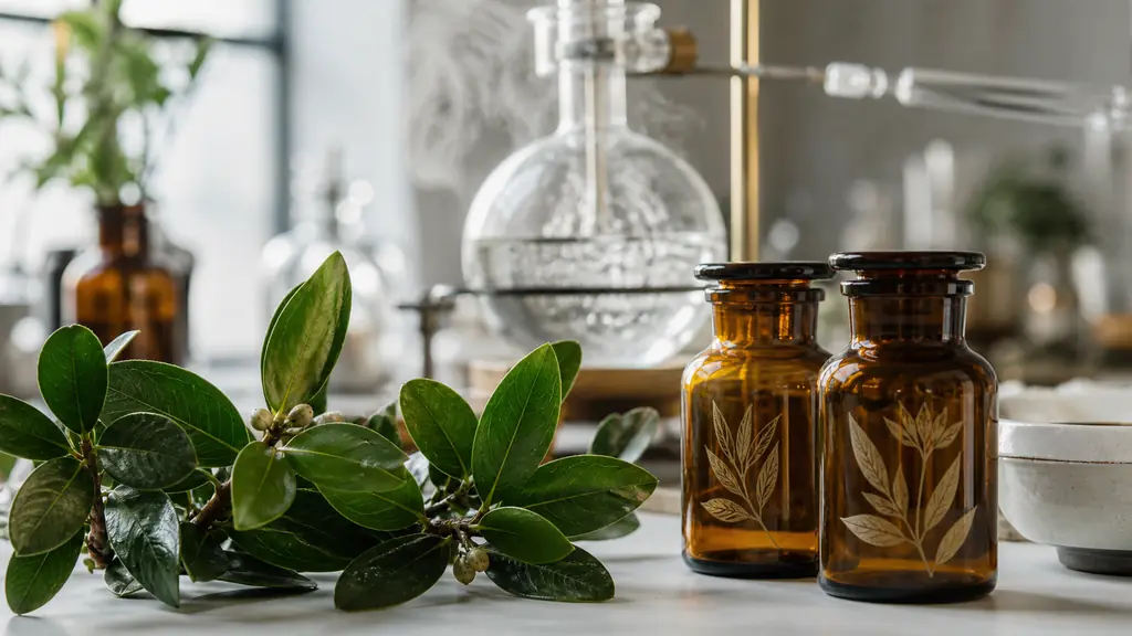Editorial close-up of wintergreen leaves beside two small amber bottles labeled only with botanical leaf illustrations, with a glass steam distillation apparatus softly visible in the background, natural daylight, no text, no logo