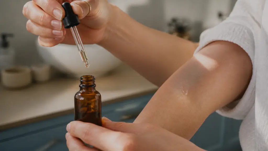 Editorial close-up of hands mixing wintergreen essential oil into arnica vegetable oil in a small amber glass bottle, with a gentle patch test visible on the inner elbow, natural bathroom light, no text, no logo
