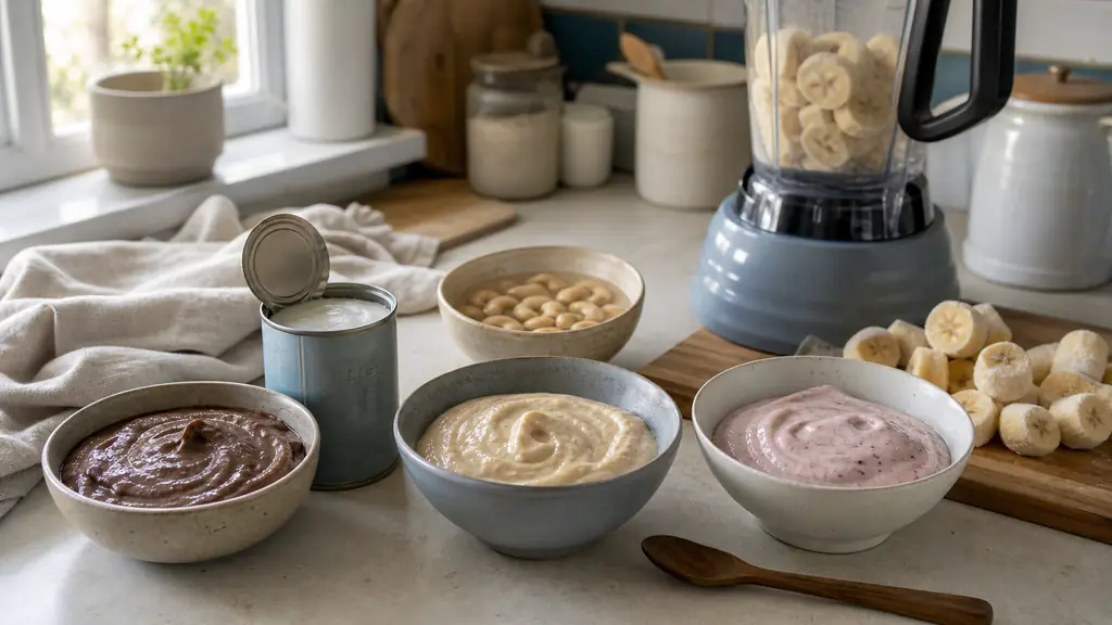 Editorial food photo of three homemade vegan ice cream bases on a kitchen counter: sliced frozen bananas near a blender, an open can of coconut milk, and soaked cashews in a small bowl, natural daylight, realistic family kitchen, no text, no logo