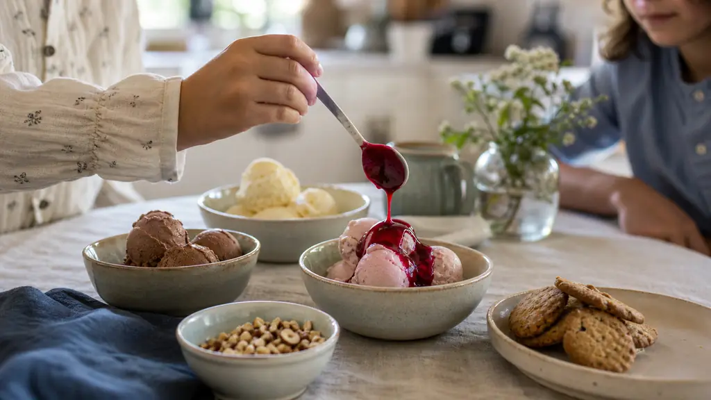 Editorial family kitchen scene with small bowls of vegan ice cream in vanilla, chocolate, and strawberry flavors, a spoon drizzling berry coulis, chopped hazelnuts in a tiny bowl, and gluten-free cookies on the side, natural daylight, no text, no logo
