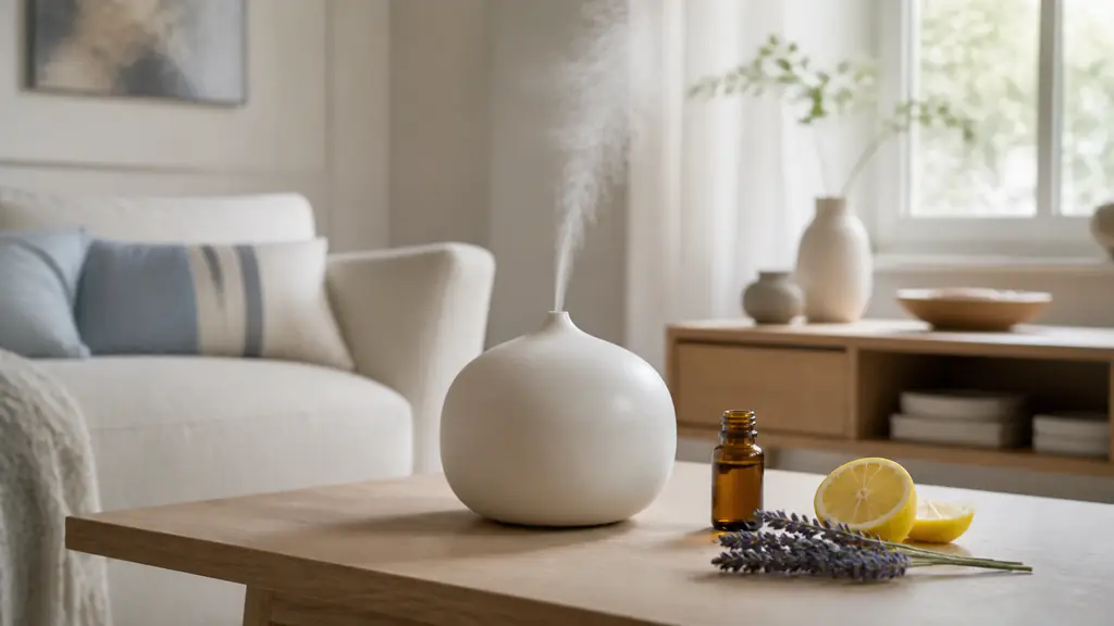 Editorial photograph of lavender sprigs, a sliced lemon and a bottle of citronella essential oil beside an ultrasonic diffuser releasing a fine mist in an airy living room, no text, no logo