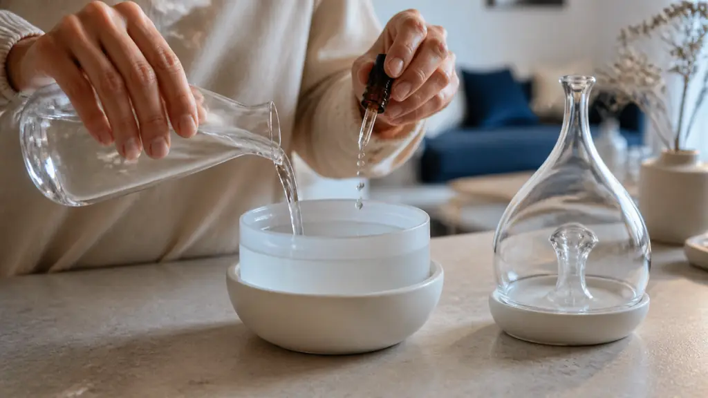 Editorial photograph of a hand filling an ultrasonic diffuser reservoir with water to its marked level, adding essential oil drops, with a dry glass nebulizer standing beside it, no text, no logo