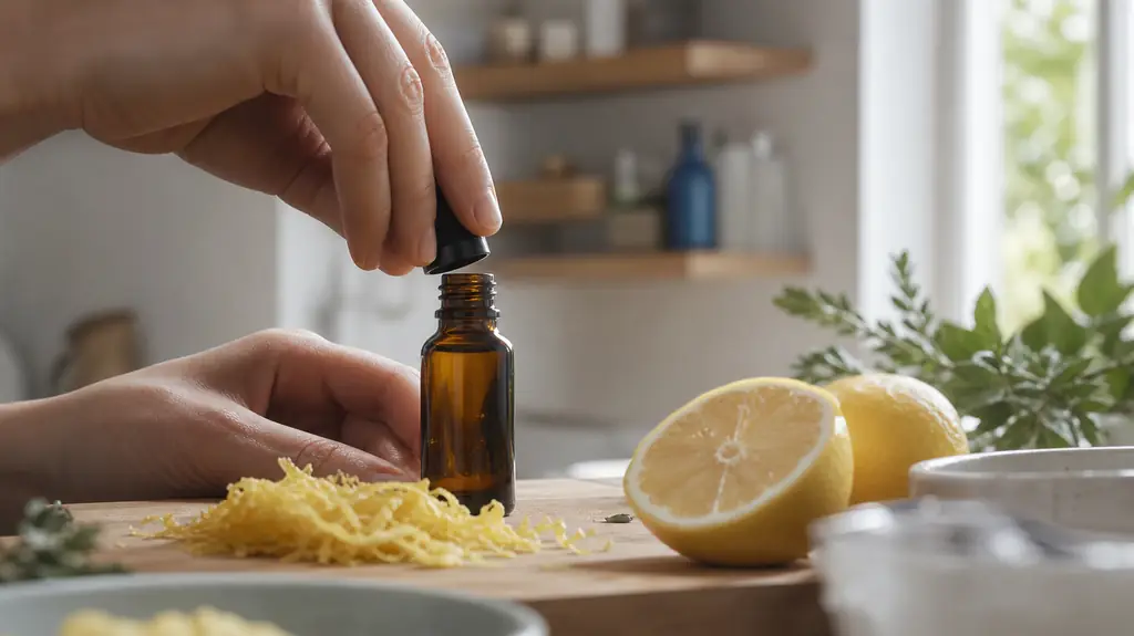 Editorial close-up photo of a hand opening a small amber bottle of lemon essential oil beside a freshly cut lemon zest on a wooden kitchen counter, soft daylight from an open window, clean and airy atmosphere, no text, no logo