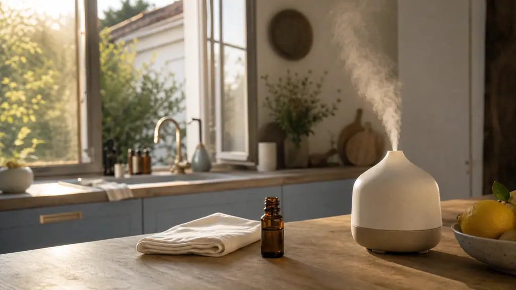 Editorial photo of a bright home kitchen at the end of the day, a small amber bottle of lemon essential oil next to a folded white handkerchief and an ultrasonic diffuser running briefly on a wooden counter, open window, soft natural light, no text, no logo
