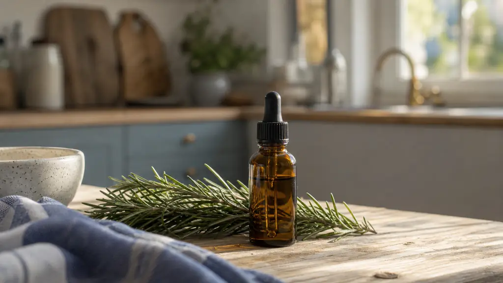 editorial close-up photo of a rosemary essential oil bottle beside fresh rosemary sprigs on a wooden kitchen table, soft natural morning light, calm wellness atmosphere, no text, no logo
