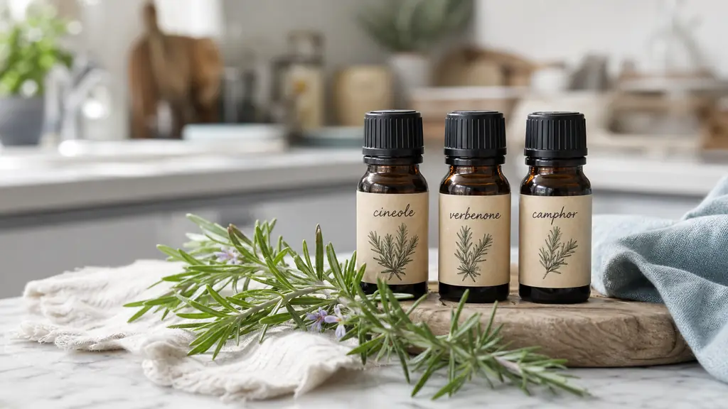 editorial close-up of three small rosemary essential oil bottles with handwritten style botanical labels reading cineole, verbenone, and camphor, placed beside fresh rosemary on a bright kitchen counter, natural daylight, realistic wellness photography, no text, no logo