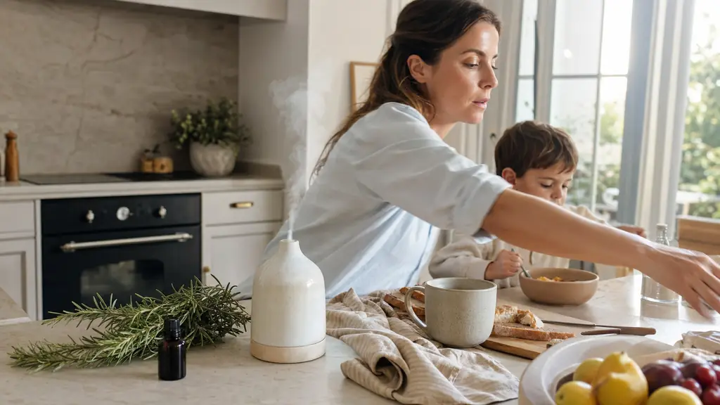 editorial photo of a busy mother in a bright home kitchen using a rosemary essential oil diffuser near breakfast items, with a small bottle, fresh rosemary sprigs, and soft natural morning light, realistic wellness atmosphere, no text, no logo