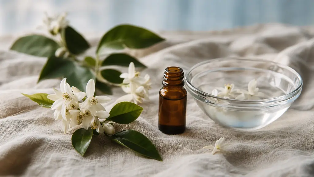Editorial close-up of fresh bitter orange blossoms beside a small amber neroli bottle, a glass bowl of orange blossom hydrosol, and green citrus leaves on a natural linen table