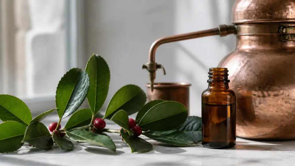 Close-up editorial photograph of fresh wintergreen leaves beside a small copper steam distillation apparatus and an amber essential oil bottle, soft natural light, no text, no logo