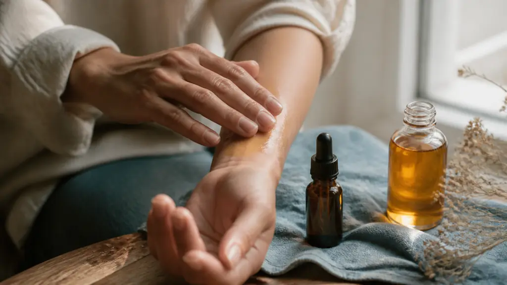 Editorial close-up photograph of diluted wintergreen essential oil being gently massaged onto a forearm, with an amber dropper bottle and a small bottle of arnica macerate nearby, soft natural light, no text, no logo