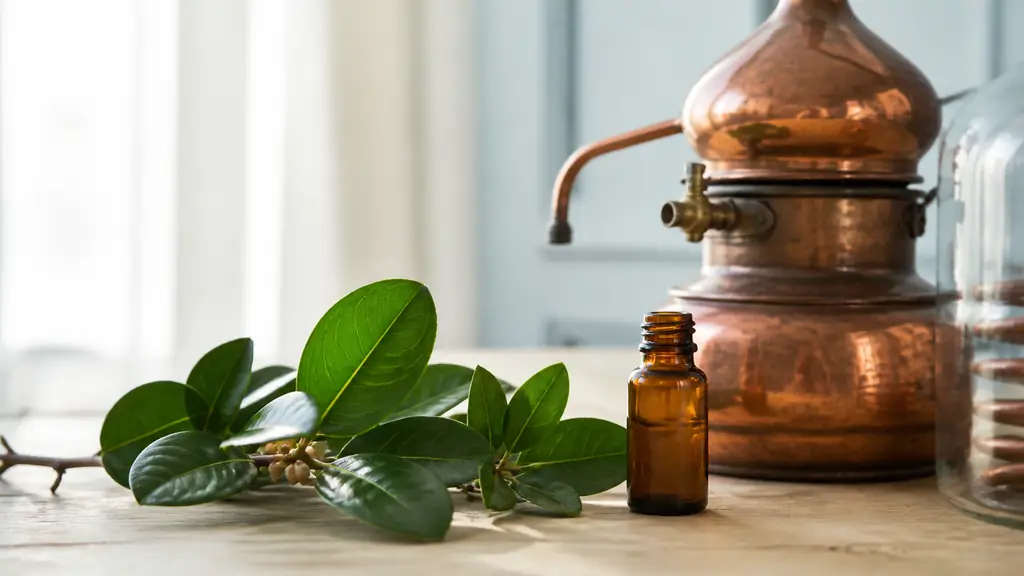 Close-up editorial photograph of glossy wintergreen leaves beside a small copper steam distillation vessel and an unbranded amber essential oil bottle on a natural wooden table, soft daylight, no text, no logo