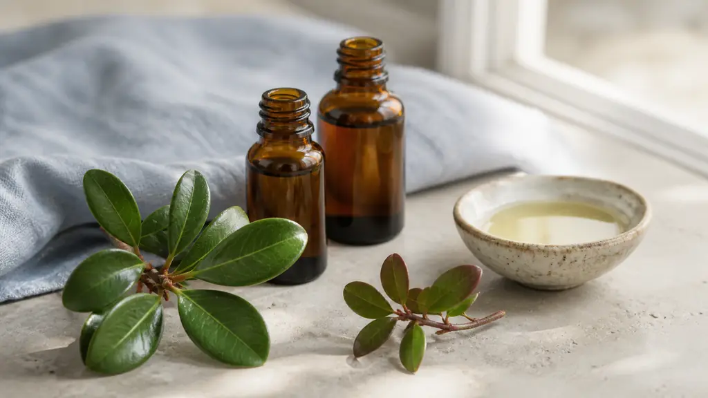 Editorial close-up photograph of two distinct wintergreen leaf specimens beside two unbranded amber essential oil bottles and a small ceramic bowl of carrier oil, soft natural daylight, no text, no logo