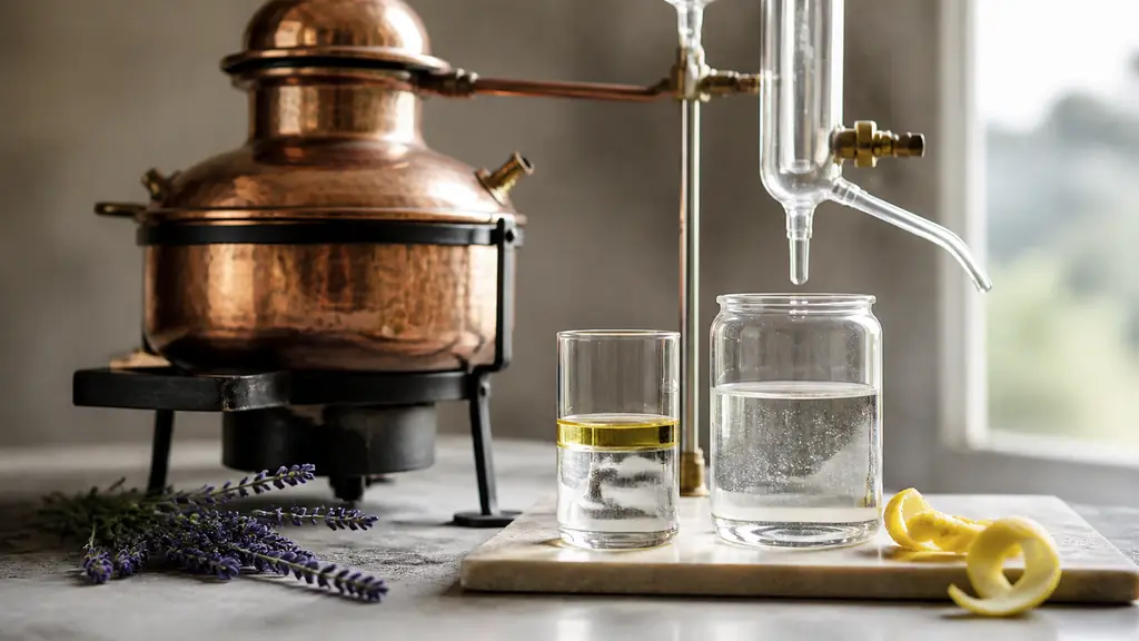 close-up editorial photograph of steam distillation equipment beside lavender flowers, with essential oil and hydrolat separating in two clear glass vessels, fresh lemon zest nearby