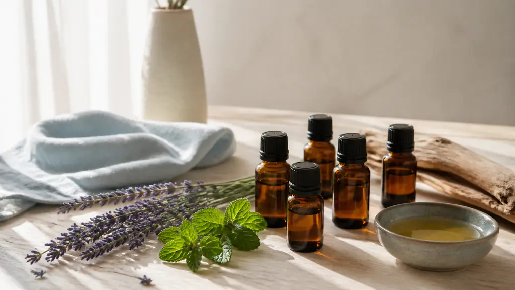 editorial photograph of six small amber essential oil bottles beside lavender sprigs, peppermint leaves and a massage oil bowl, arranged on a light wooden table